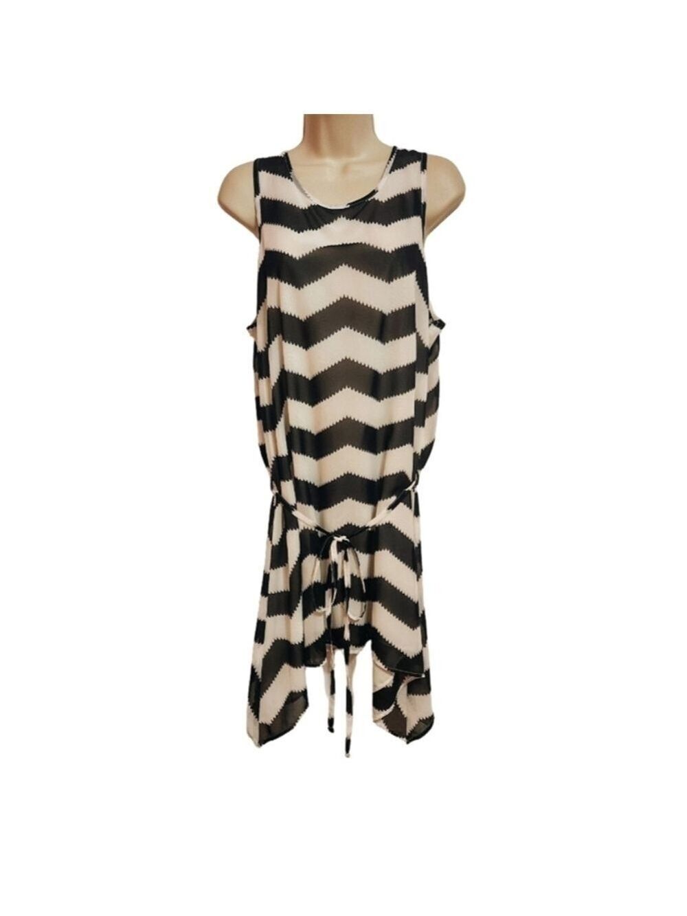 Chevron Print Chiffon Mini Dress White Black Large